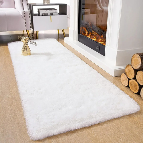 Passadeira Corredor 1,00x0,60 Tapete Super Peludo Beira De Cama Sala Quarto Branco Mageal