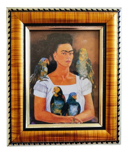 Frida Kahlo / Yo Y Mis Papagallos 18 X 15 Cms Marco Dorado