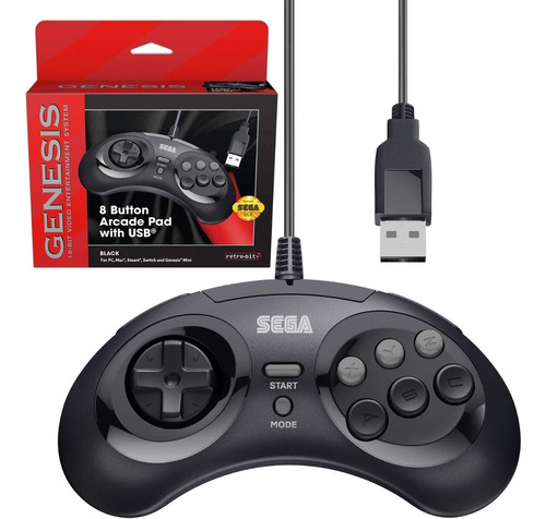 Control Para Sega Genesis Alambrico Con *usb* 8 Botone Negro