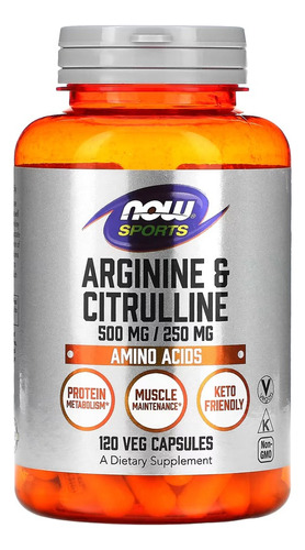 Arginina 500 mg y citrulina 250 mg Nowfoods 120 cápsulas vegetarianas USA/USA Sabor sin sabor