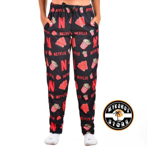 Imagen 3 de 5 de Pijama Largo Netflix Palomitas Remera Negra - Store Mykonos