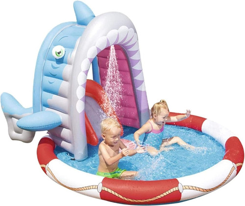 Piscina Inflable Interactiva Tiburon Tobogan 236x198 53056 Color Celeste Y Otros