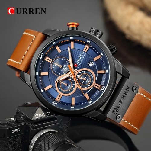 Relogio Masculino Curren Com Couro Marrom Legitimo Chronos Funcionam Todos Caixa Preta Fosca De 50mm Com Frete Gratis.