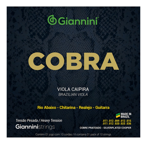 Kit 2 Encordoamento Viola Caipira Giannini Cobra Gesvp Cobre