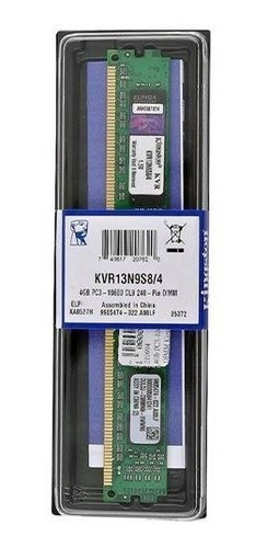 Memoria Kingston Kvr13n9s8/4, 4gb Ddr3, 1333 Mhz, Cl-9