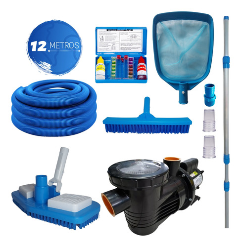 Motobomba 3/4cv + Kit Limpeza Piscina 12 Metros Mangueira