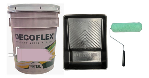 Cubeta De Pintura Vinil Decoflex 18lts Con Charola Y Rodillo Rosado Mate