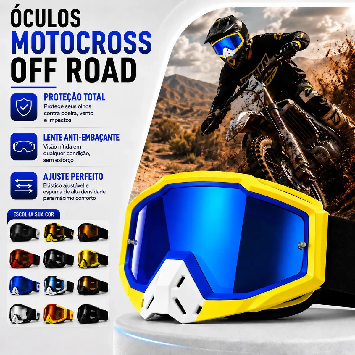 Óculos Motocross Trilha Enduro Off Road Lente Espelhada Silicone Flexível Antiembaçante Proteção UV Entrada de Ar Elástico Ajustável Espuma Capacete Bike Ciclismo Nautilus Ocean - 
