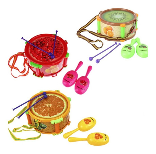 Set Tambor + Maracas + Baquetas Estampado De Frutas  808-1c