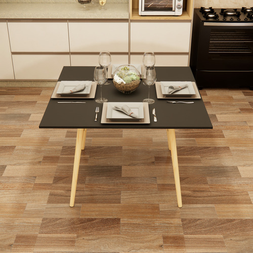 Mesa Sala De Jantar Cozinha Quadrada 4 Lugares 90 Cm Pés Madeira Tampo Preto