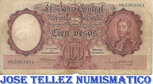 Botero# 2030 $ 100 Pesos Moneda Nacional F Marron B- Palermo