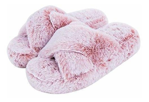 Soft Pl Dl Fluffy Womens House Slippers Cross Band Open Toe 
