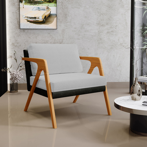 Poltrona Decorativa Pietra Couríssimo Preto Linho Cinza Desenho Do Tecido Liso