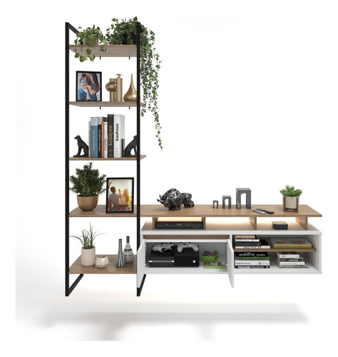 Rack Industrial Home Theater C/ Estante Ferro E Madeira Cor Lamina/Preto/Branco