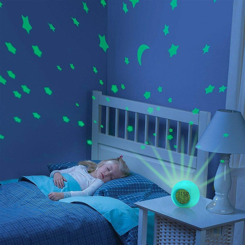 Despertador infantil com 7 núcleos, mudança de luz noturna, cor azul celeste