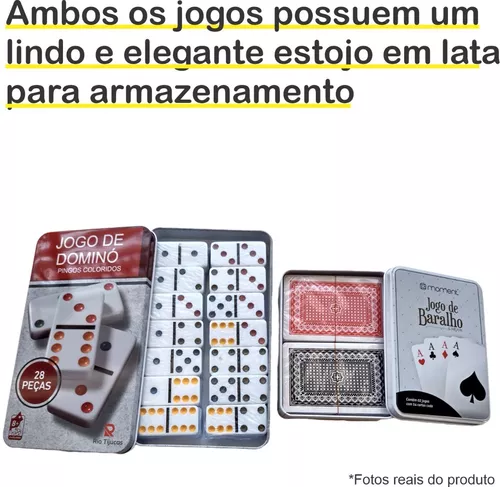 Dominó Dominoes com 28 Peças de 9mm e Estojo Lata + Baralho MB Teach com  108 Cartas