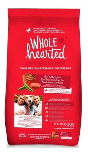 Alimento Natural Wholehearted Perro Res Y Chícharo 11kg