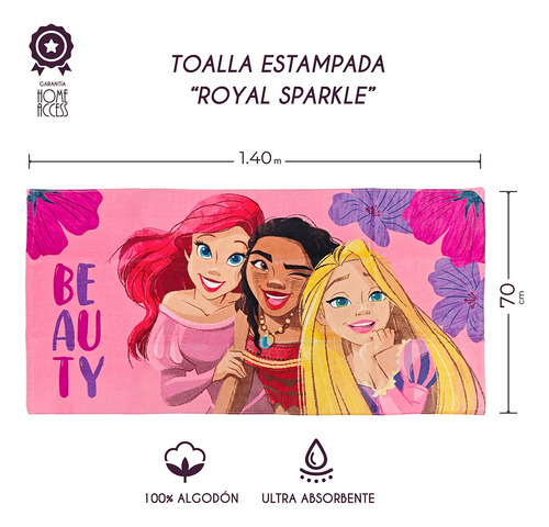 Toalla De Pincesas, Ariel, Moana Y Rapunzel Para Niñas Rosa Royal Sparkle