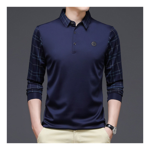 Playera Polo De Color Sólido Manga Larga Hombres Moda Corea