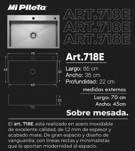 Bacha Cocina Simple Mi Pileta 718e Inox 65x35 Cm