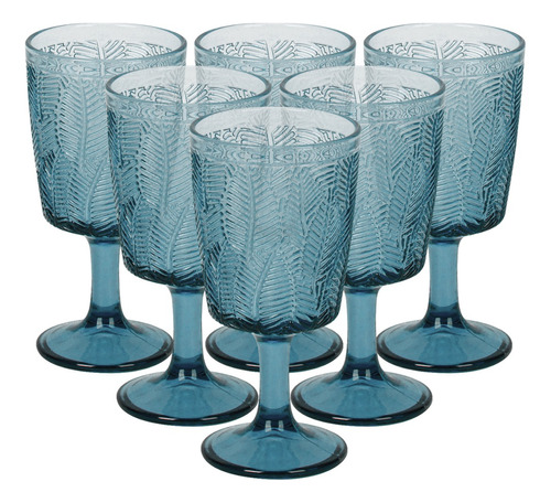 Set 6 Copas De Vidrio 300ml Cóctel Vino Vintage Cristal Color Estilo Hoja—Azul