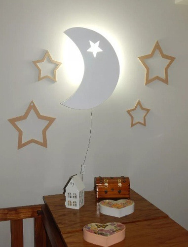 Lámpara Luna Infantil Luna Cuadro Deco + 4 Estrellas Madera