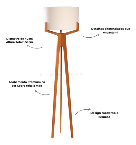 Luminária Piso Chão Em Madeira Com Cupula Design Elegante