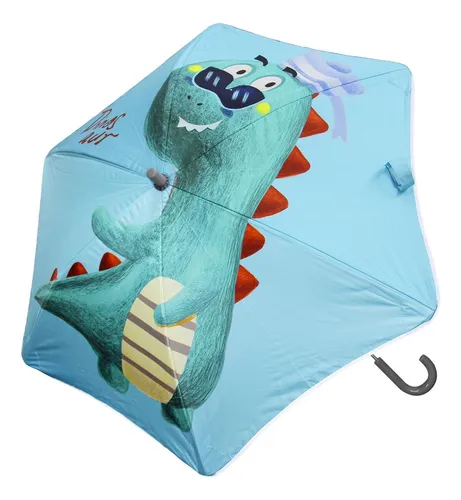 Paraguas para niños, diseño de tela de dinosaurio con diseño de tela de dinosaurio reforzado con personajes de color cian, con gafas