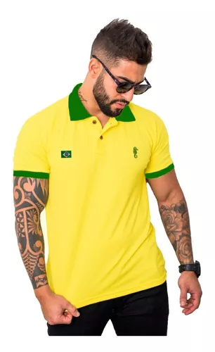 Camiseta Do Brasil Gola Polo Branca E Azul