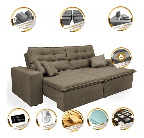 Sofá Cairo 2,32m Retrátil, Reclinável Tecido Suede Castor Cama inBox