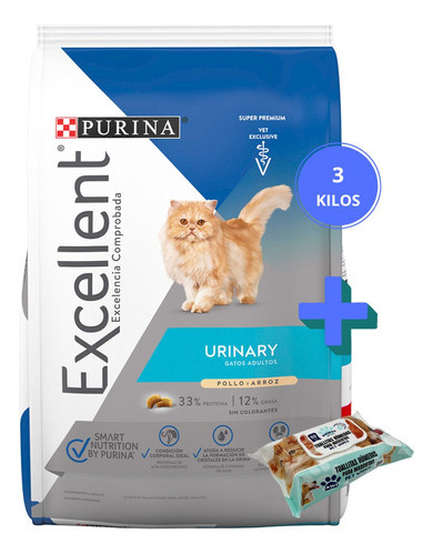 Pack Excellent Gato Adulto Urinary 3 Kg + Toallitas Húmedas