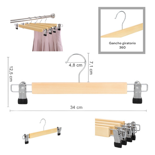 20 Ganchos Para Ropa De Madera Con Clip Antideslizantes Natural