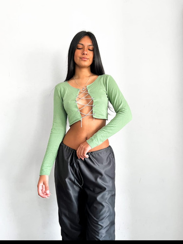 Crop Top Mujer Manga Larga Remera Tiras Cadena Sexy Moda