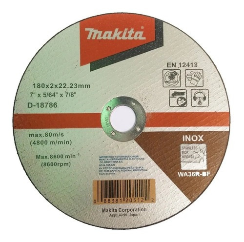 Makita Disco De Corte Acero Inox 1u. 180x2mm In. D18786 Mkb