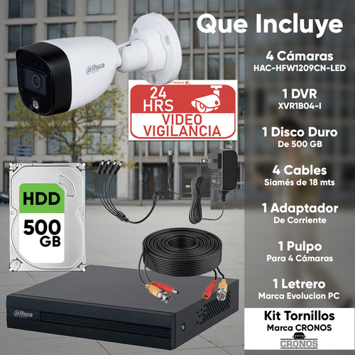 Dahua Kit Cctv 4 Cámaras Full Color + Hdd 500gb Y Accesorios Color Blanco