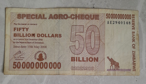 Billete De 50 Billones Dolares Agrocheque, Zimbawe, Año 2008