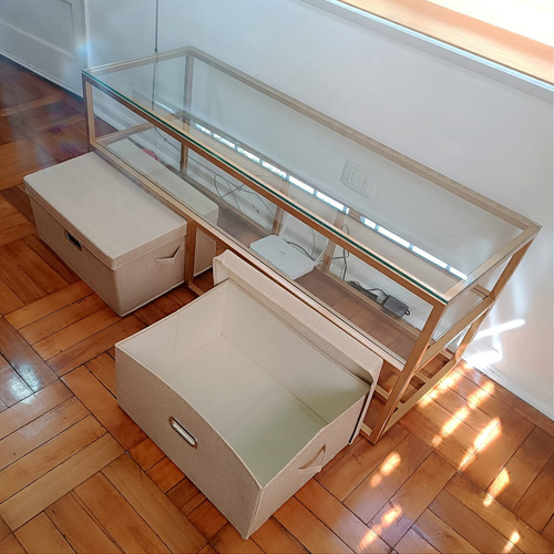 Rack Mueble Tv Moderno Dorado Con Organizadores 2 Niveles