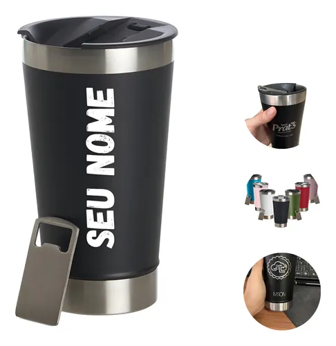 Copo Térmico Personalizado C/ Nome Logo Time C/ Tampa E Core Cor Preto
