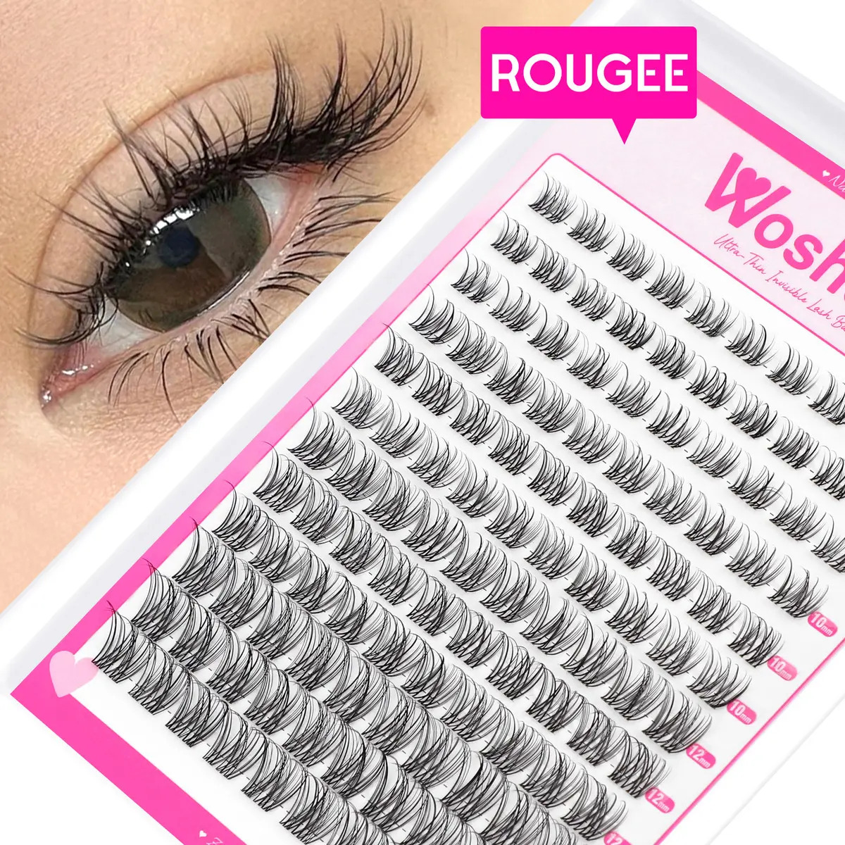 Wosheer DIY Extensiones De Pestañas pestañas delgadas naturales wosheer lash 8-14 mm longitud mixta curva D no incluye pegamento ni Removedor(rougee)