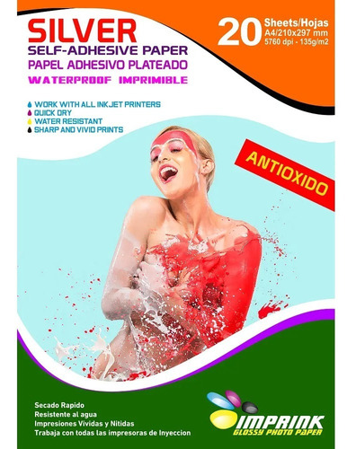 Papel Adhesivo Plateado Antioxido A4  135g 20 Hojas Imprink