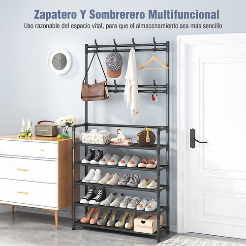 Zapatero 5 Niveles Perchero Acero Metálico Organizador 2 En 1 Armable Con 8 Ganchos Negro,estante Para Zapatos