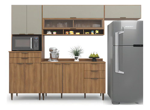 Armário de Cozinha Completa Com Balcão Nicho Para Micro Ondas 9 Portas 5 Gavetas Paris Nogal e Verde Batrol