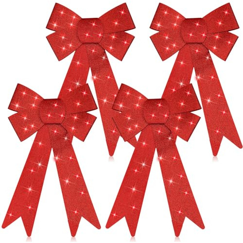 4 Pcs Led Christmas Wreath Bows Red Xmas Tree Topper Bo...