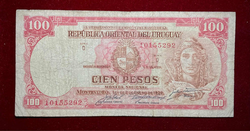 Billete 100 Pesos Uruguay 1939 Pick 39 C.1 Serie D