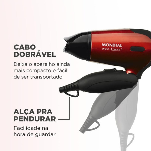 Secador De Cabelo Mondial Max Travel 1200w Sc10 Bivolt Cor Vermelho/Preto 110V/220V