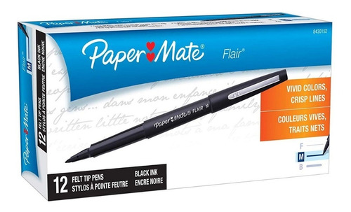 Paper Mate Flair Felt Tip Pen, Medium Point, Black X 12