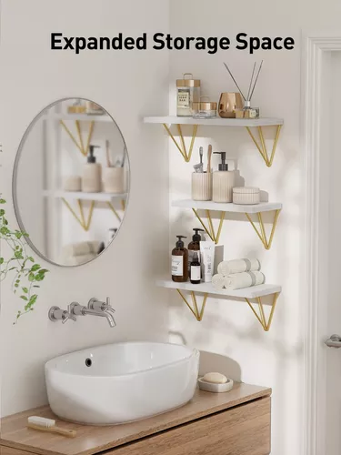 Afuly Estantes flotantes para pared, estantes metálicos dorados y blancos,  almacenamiento para colgar en la pared para baño, cocina, dormitorio