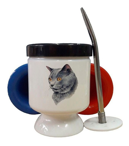 Mate Plastico Gato Azul Ruso Cara Dibujo