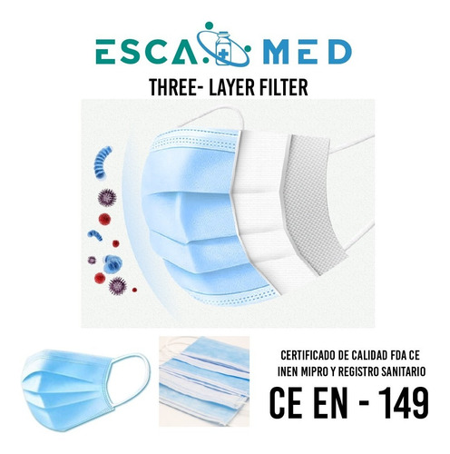 Imagen 3 de 10 de Mascarilla Quirúrgica Importada 3 Capas Con Clip Nasal 50uds