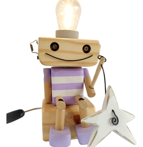 Lámpara Infantil Pescador Madera Luz Cálida Velador Noche Lila